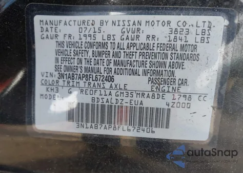 2015 Nissan Sentra Sv z USA, uszkodzony, nr VIN 3N1AB7AP8FL672406